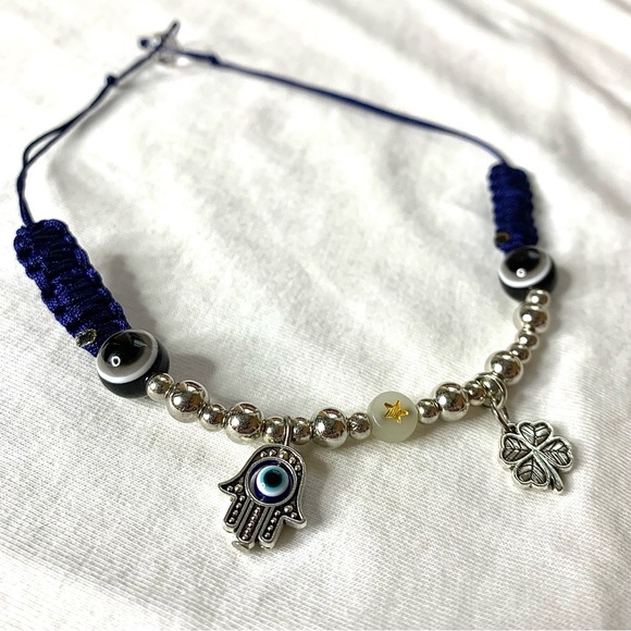 Handmade Blue Choker with Black Evil Eye, 4 leave clover and Hansa Hand - Picture 1 of 6
